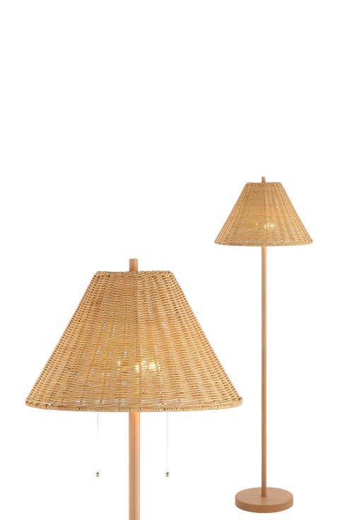 Nando 61" 2-Light Coastal Bohemian Iron/Rattan LED Floor Lamp with Pull-Chain, Brown Wood Finish