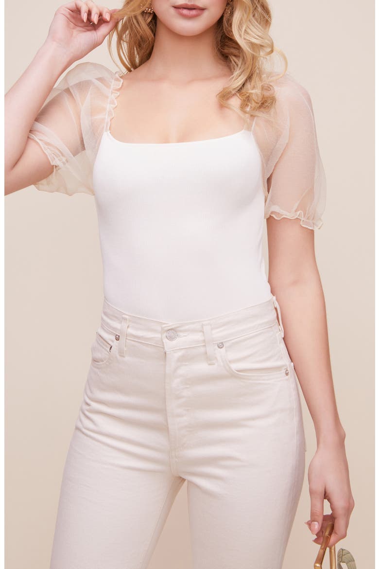 the Label Puff Sleeve Bodysuit, Alternate, color, WHITE