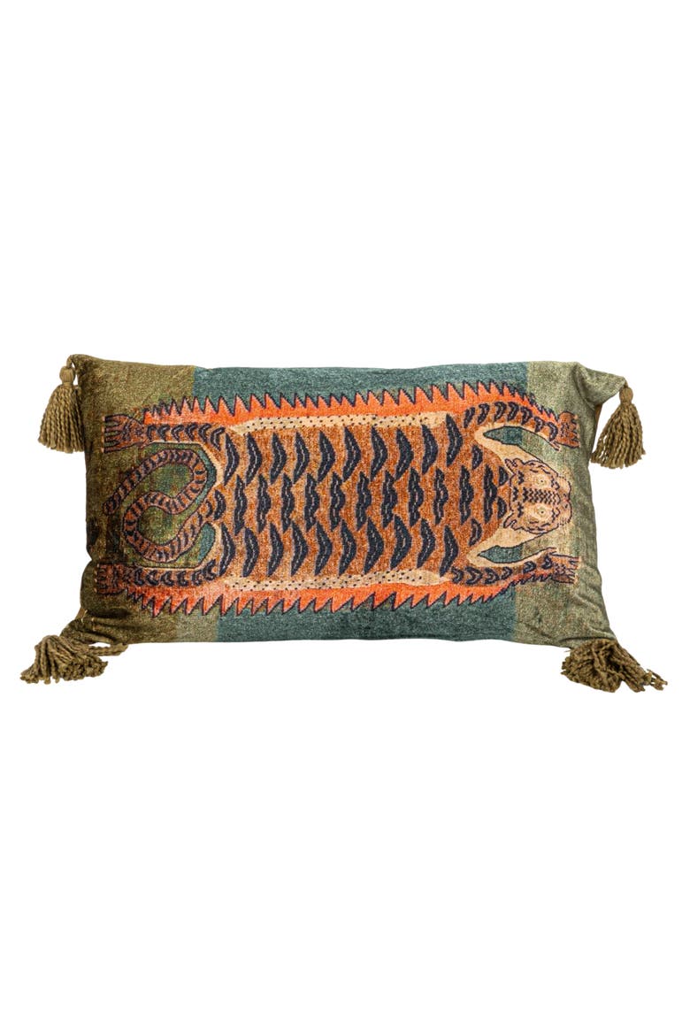 Cotton Velvet Blend Tiger Lumbar Pillow with Tassels, Multicolor, Alternate, color, White