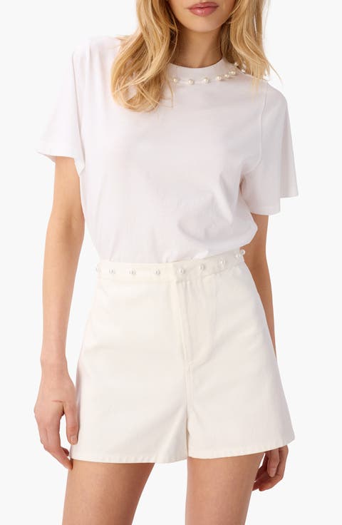 Mattea Faux Pearl Trim Pima Cotton T-Shirt