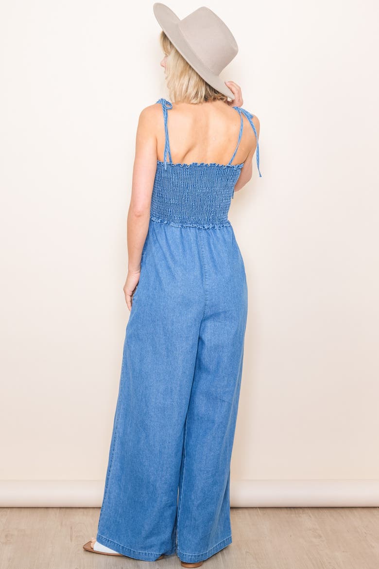 Chambray Shoulder Tie Smocked Jumpsuit, Alternate, color, Blue