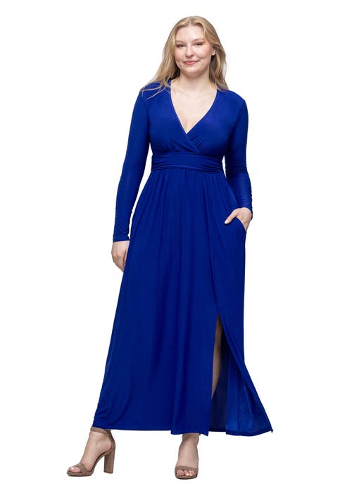 24seven Comfort Apparel Womens Long Sleeve V-neck Side Slit Maxi Dress In Blue