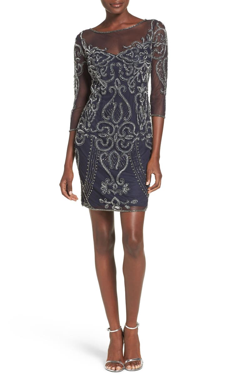 Pisarro Nights Beaded Mesh Sheath Dress, Alternate, color, Navy