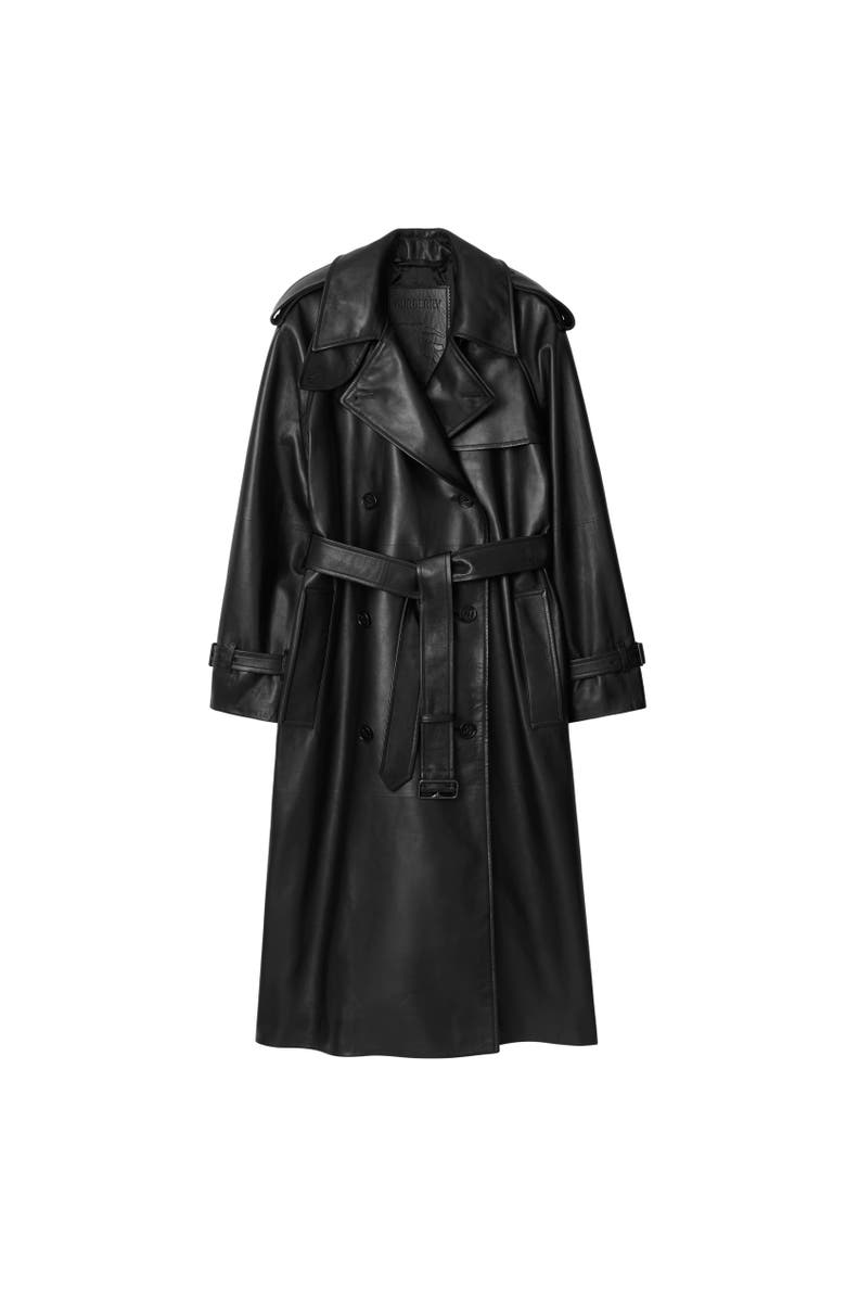 Burberry Long Leather Castleford Trench Coat, Alternate, color, Black