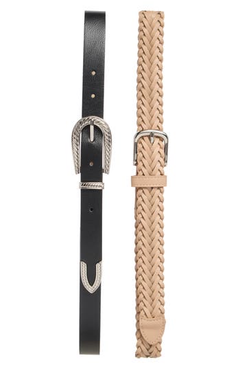 Steve Madden 2 For 1 Belt Set In Black/tan