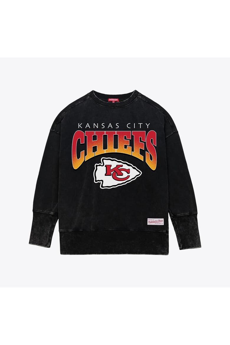 Women's Mitchell & Ness  Black Kansas City Chiefs Delineate Mineral Wash Crewneck Sweatshirt, Main, color, Black
