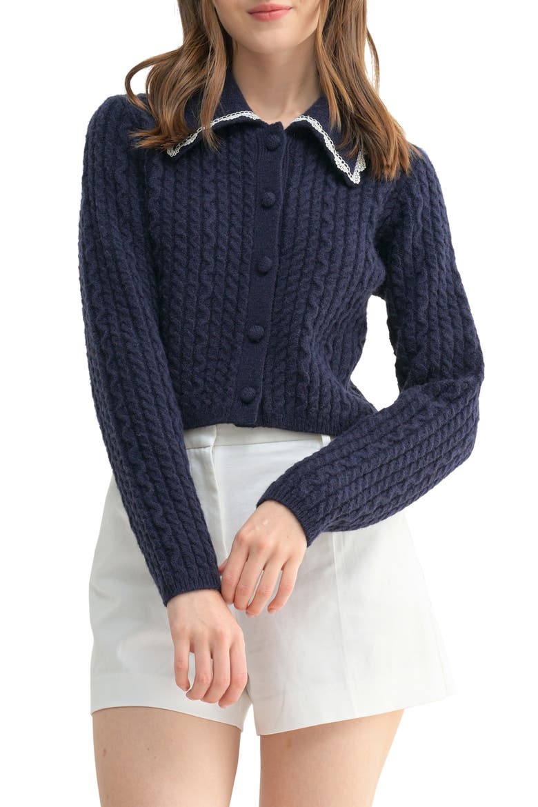 Lace Trim Collar Cable Stitch Cardigan, Main, color, NAVY WHITE