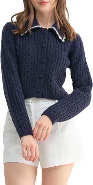 All in Favor Lace Trim Collar Cable Stitch Cardigan | Nordstrom