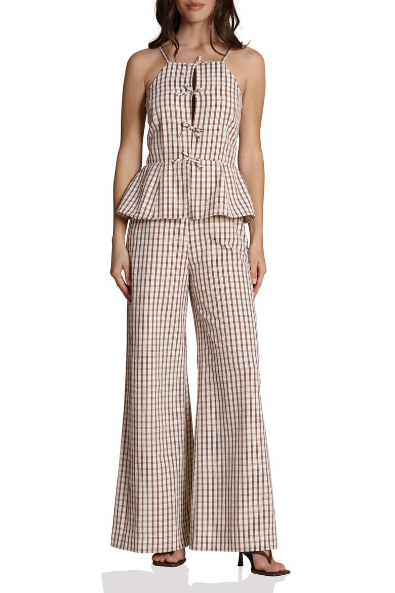 Check Bow Tie Front Peplum Jumpsuit, Main, color, CREAM AND BROWN