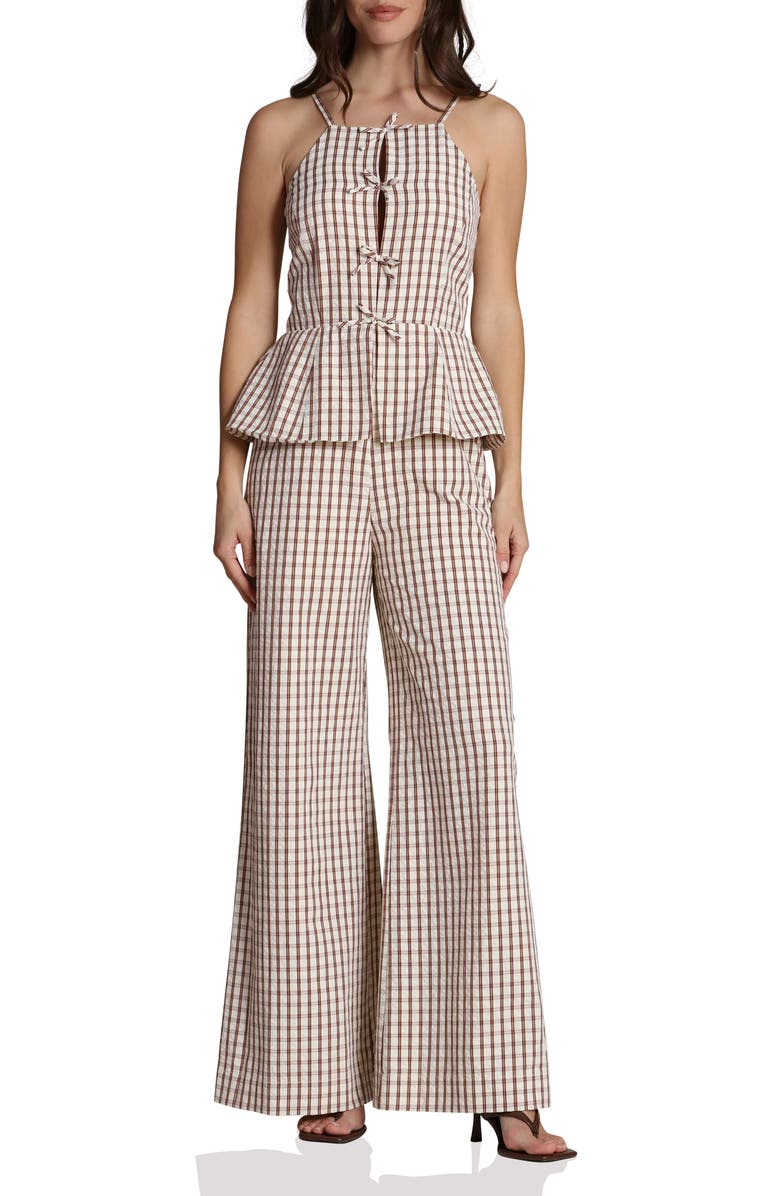 Avec Les Filles Check Bow Tie Front Peplum Jumpsuit, Main, color, Cream And Brown