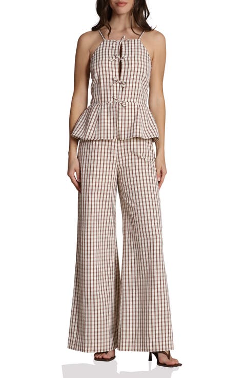 Check Bow Tie Front Peplum Jumpsuit