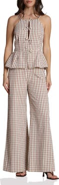 Avec Les Filles Check Bow Tie Front Peplum Jumpsuit
