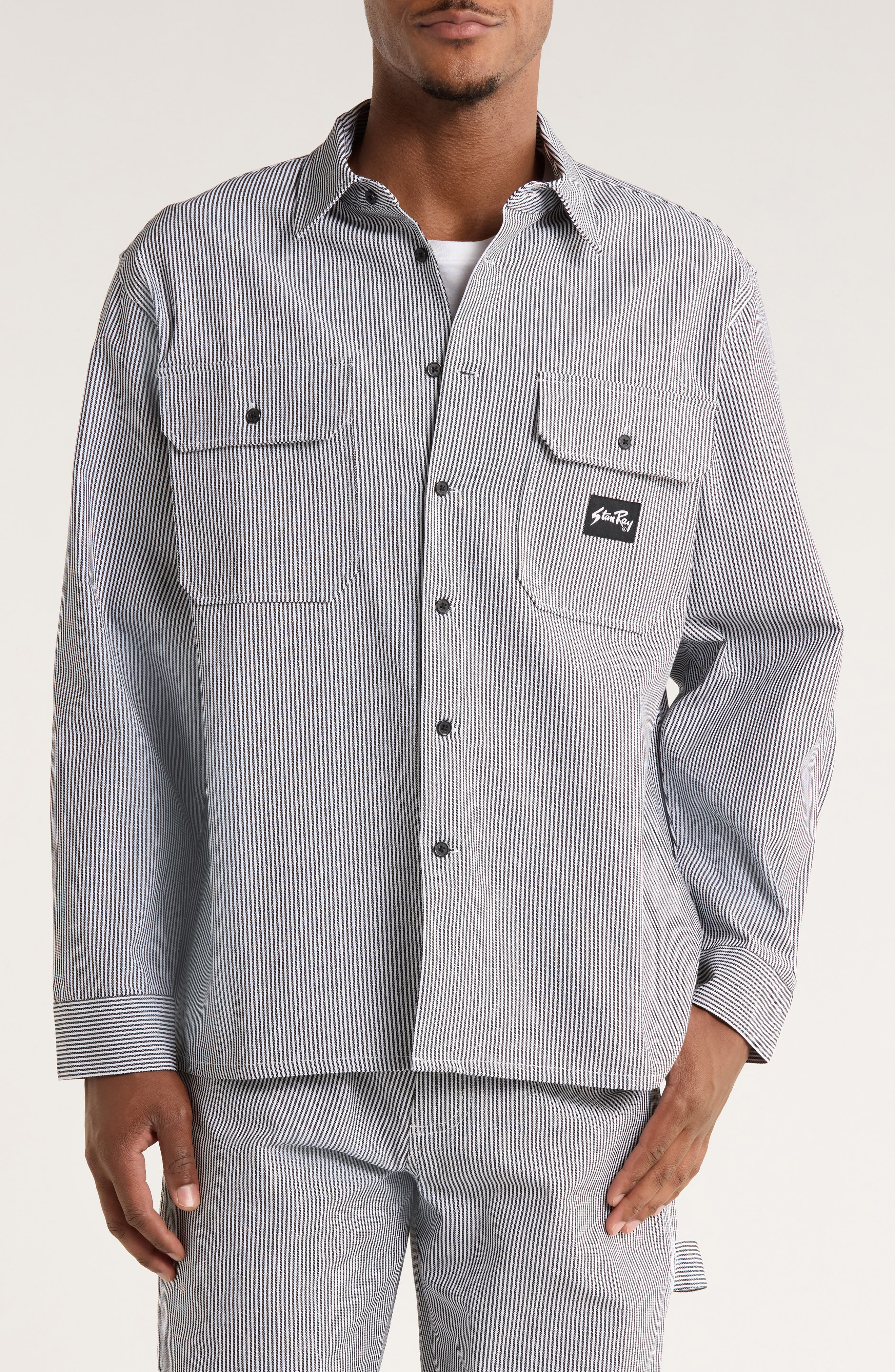 STAN RAY Utility Stripe Oversize Button-Up Shirt in Hickory 