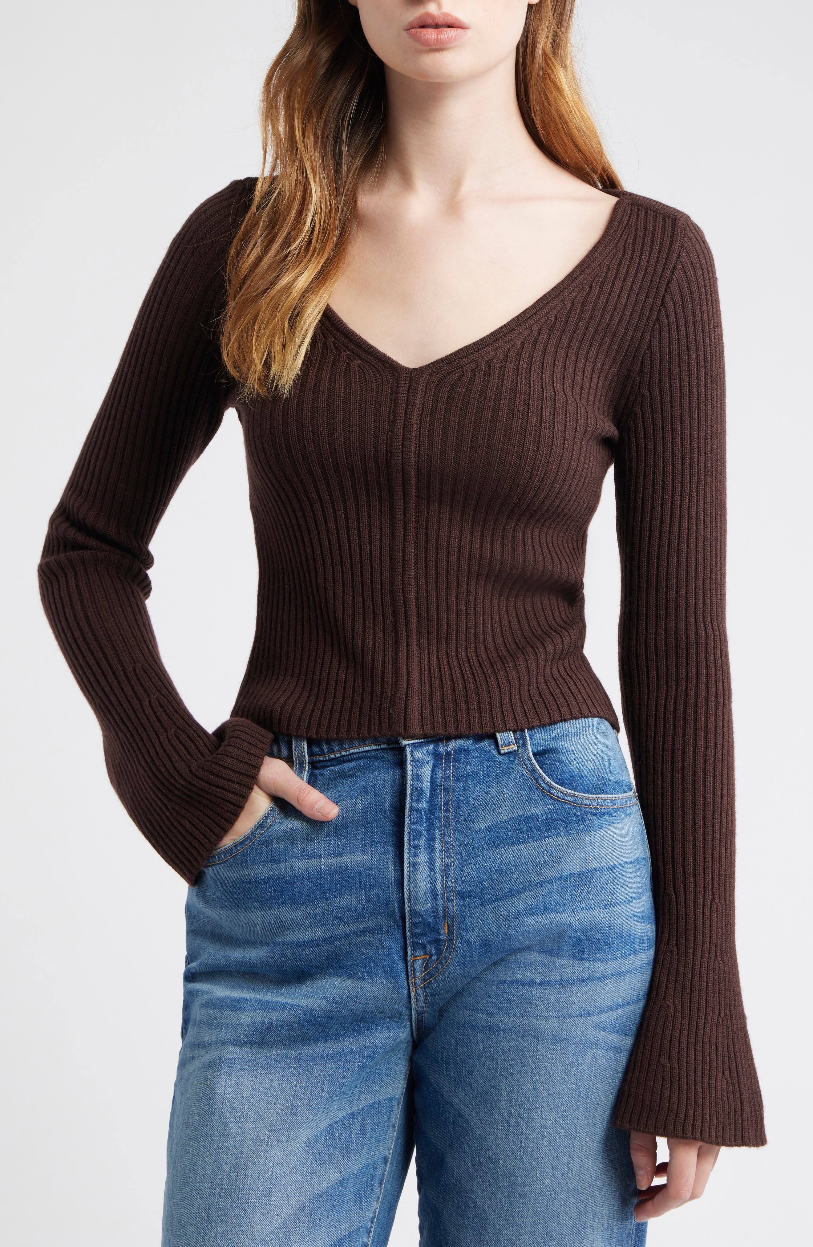 V-Neck Wool Rib Sweater Top