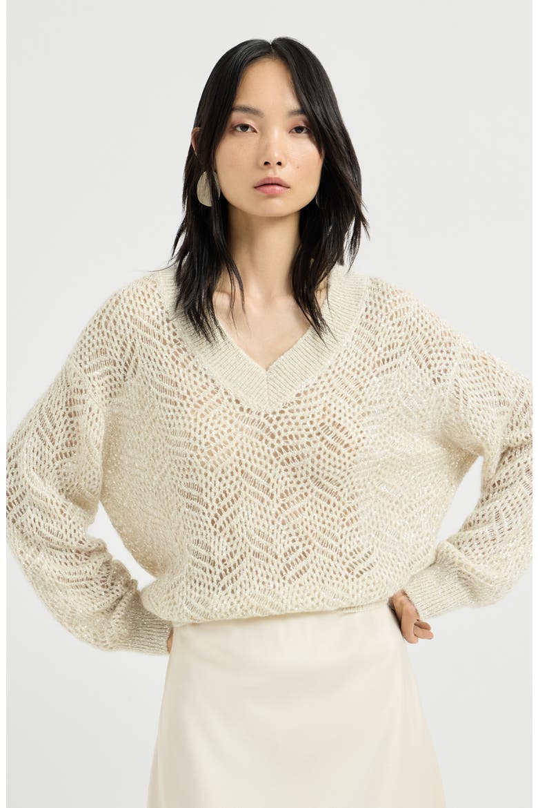 Dazzling abstract leaf sweater in mohair and wool, Main, color, Cream