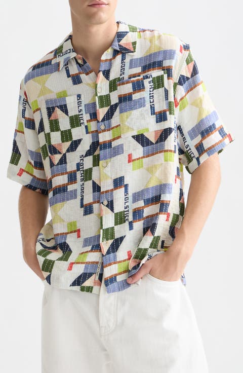 Relaxed Fit Print Short Sleeve Button-Up Shirt
