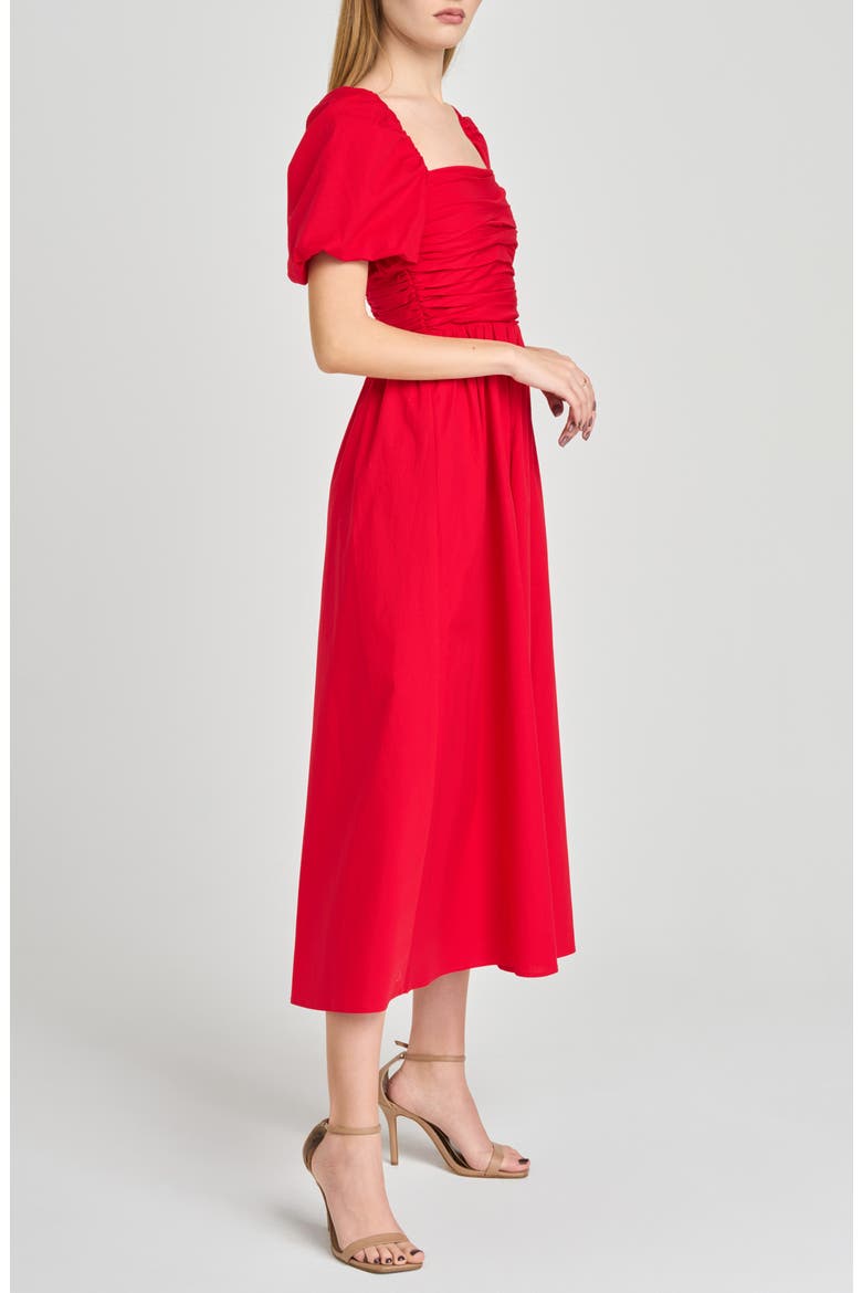Lucy Ruched Puff Sleeve Midi Dress, Alternate, color, RED