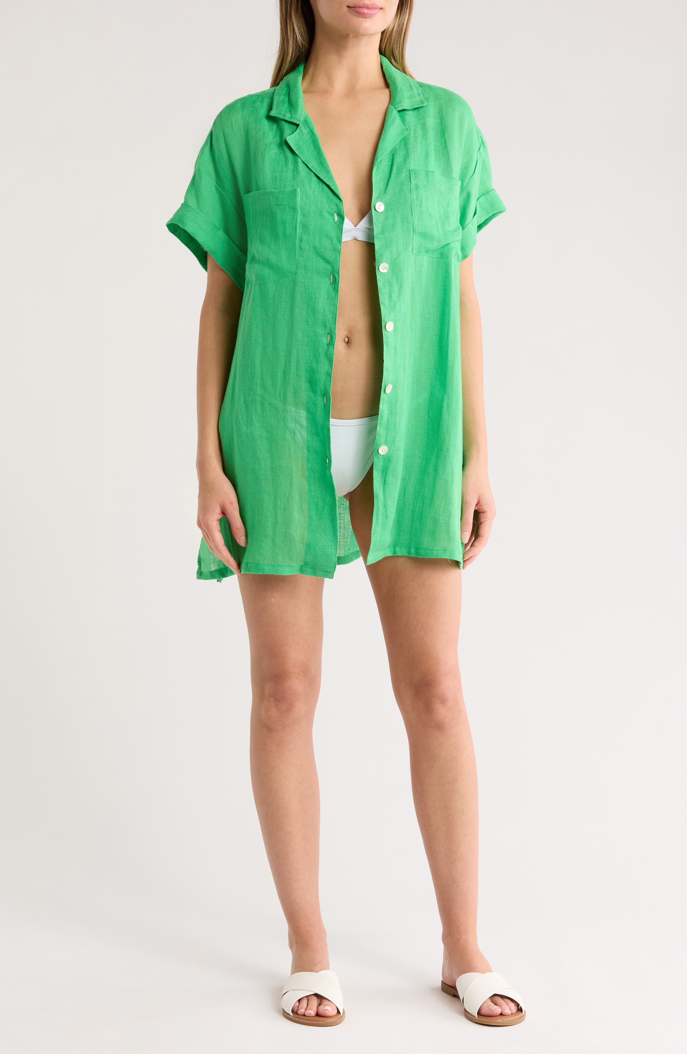 Vitamin A® Playa Pocket Linen Cover-Up Button-Up Shirt