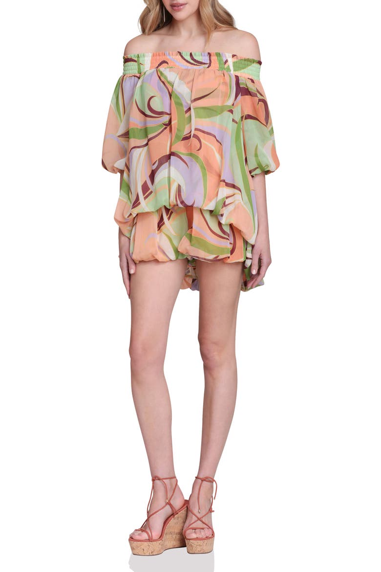 Print Off the Shoulder High-Low Romper, Main, color, RIVIERA FAN