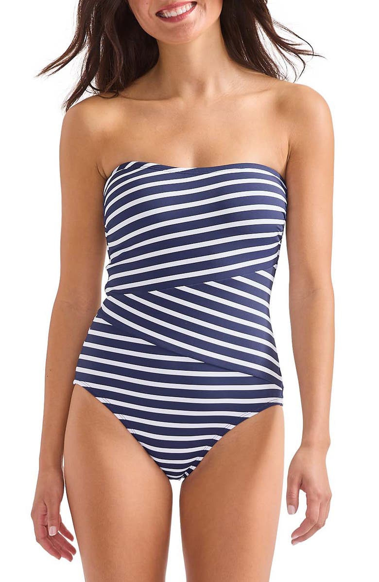 Tommy Bahama Coastline Stripe Reversible Strapless One-Piece Swimsuit, Main, color, Mare Navy