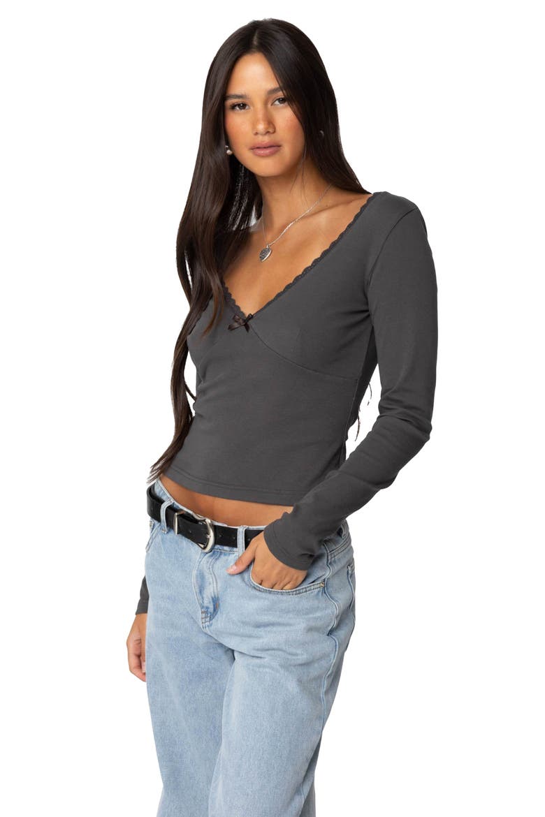 Adrienne Lace Trim Long Sleeve Jersey Top, Alternate, color, DARK-GRAY