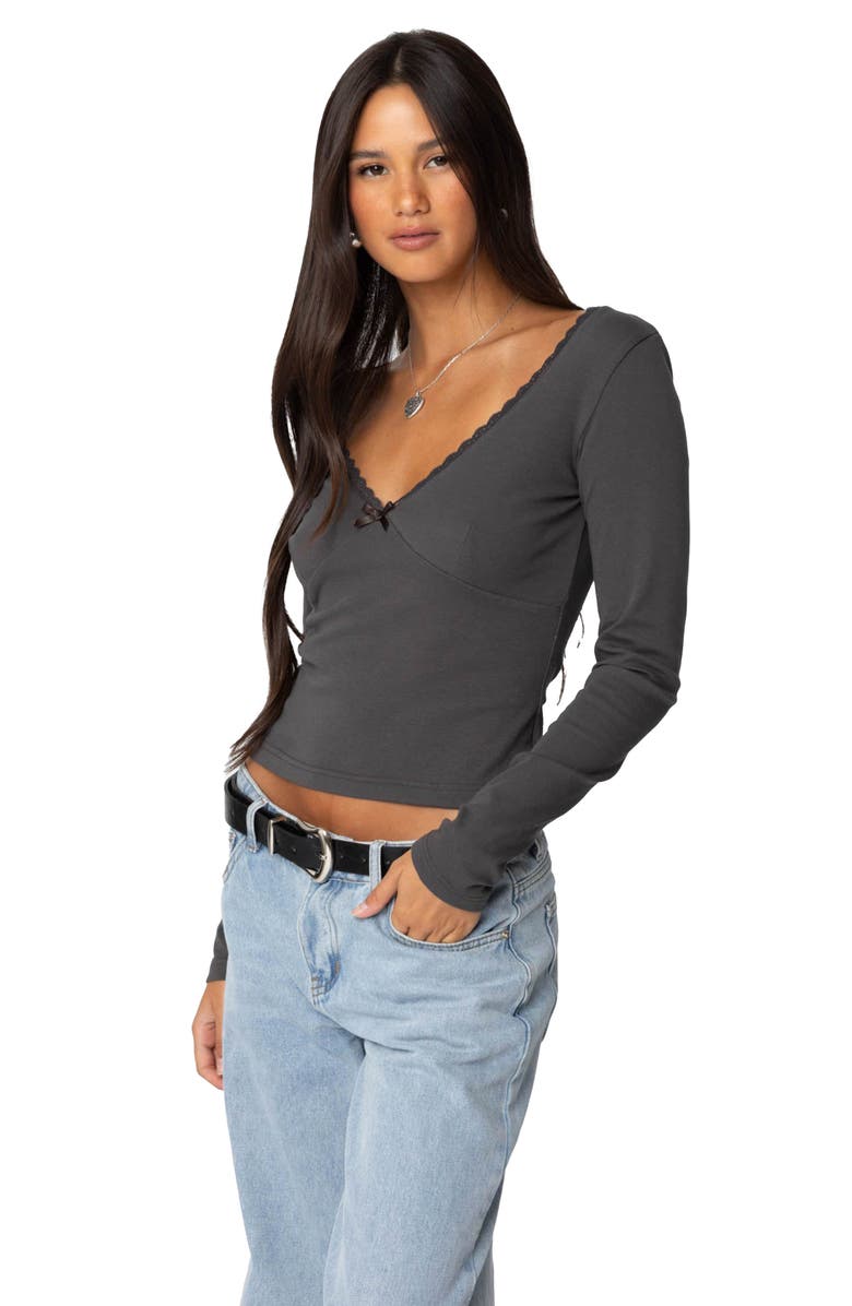 EDIKTED Adrienne Lace Trim Long Sleeve Jersey Top, Alternate, color, Dark-Gray