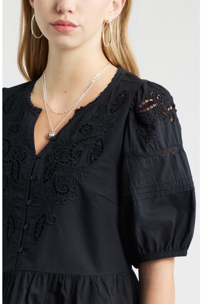 Cutwork Puff Sleeve Cotton Top, Alternate, color, BLACK