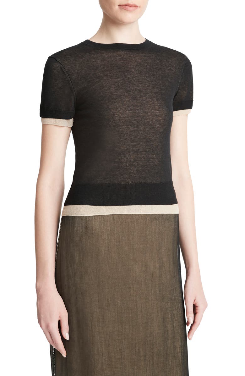 Vince Double Layer Short Sleeve Cotton Blend Sweater, Alternate, color, Black/ Oat Sand Combo