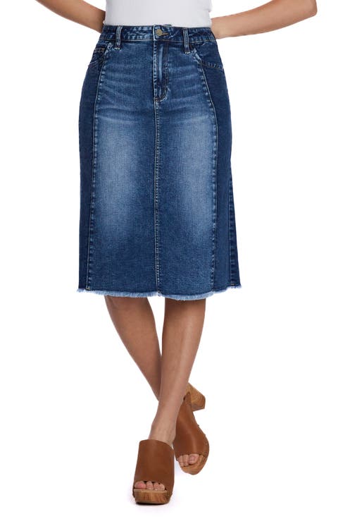 Two-Tone Raw Hem Denim Skirt