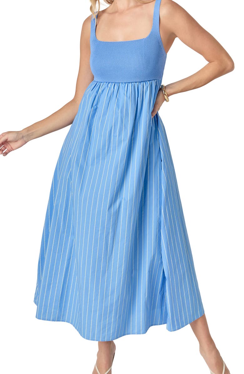 English Factory Tie Back Mixed Media Dress, Alternate, color, Blue Stripe