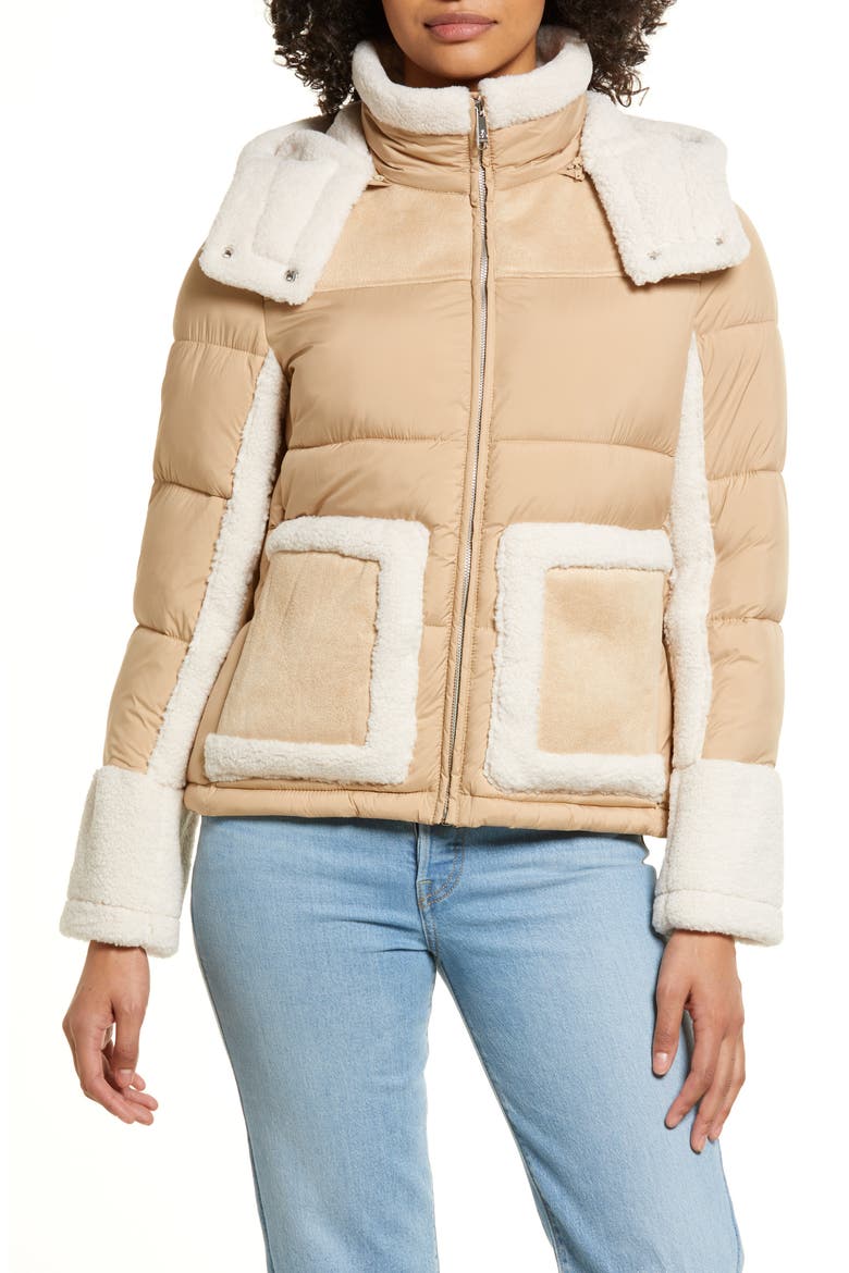 Mixed Media Puffer Jacket with Faux Fur Trim, Alternate, color, SAND
