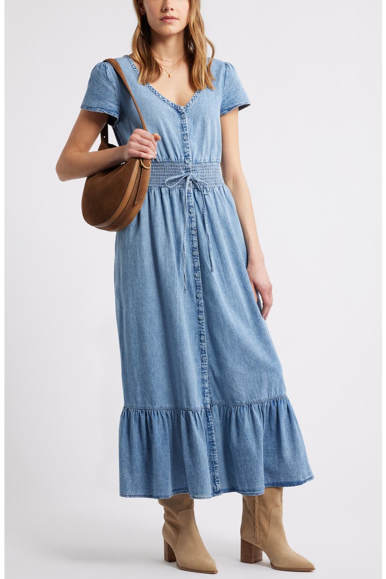 Smocked Waist Chambray Maxi Dress, Alternate, color, MEDIUM WASH