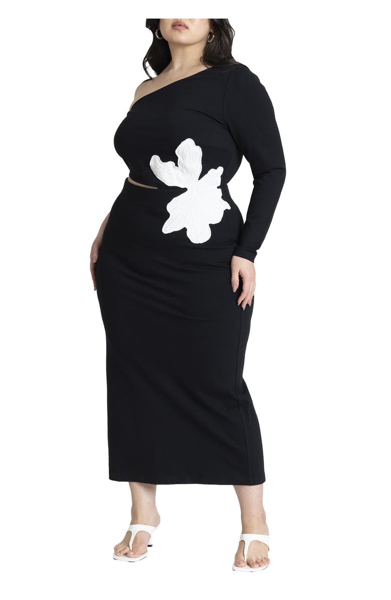 ELOQUII One Shoulder Flower Detail Dress, Main, color, Black Onyx
