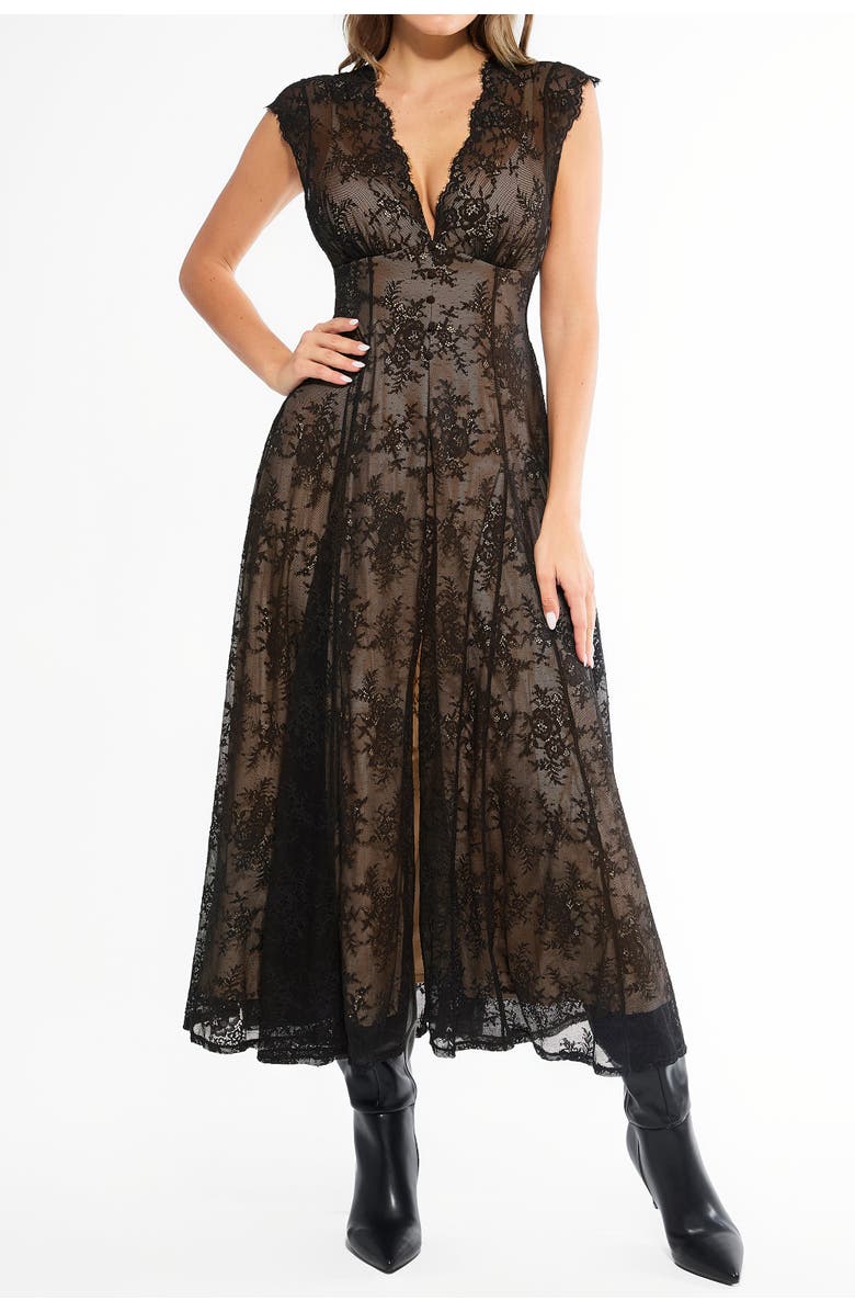 Popilush Shapewear Boho Floral Lace Front Slit Maxi Dress, Alternate, color, Black