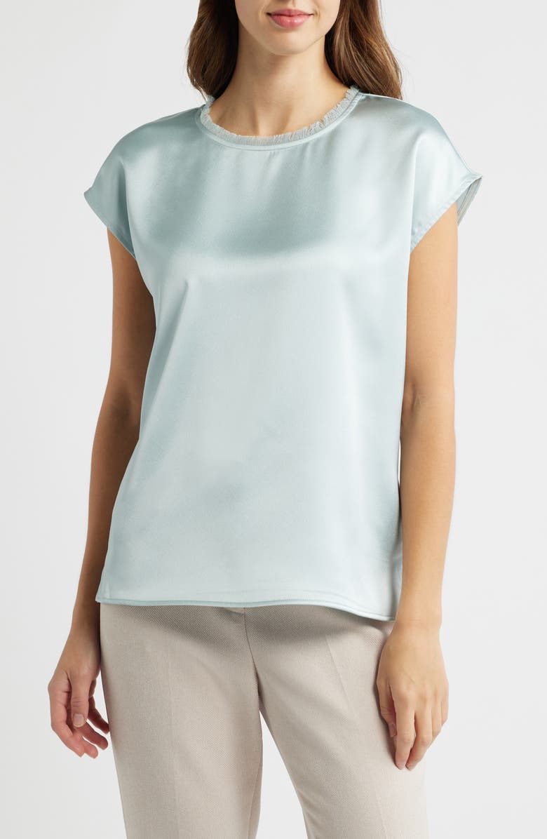 Tahari ASL Fringe Neck Satin Top, Main, color, Dusty Aqua