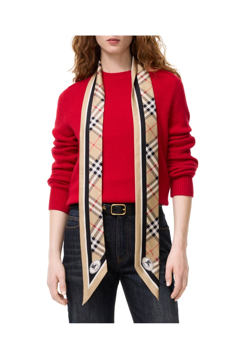 Skinny Check Silk Scarf, Alternate, color, Sand beige
