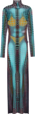 Jean Paul Gaultier Re-Edition Polka Dot Trompe l'Oeil Long Sleeve Mesh Dress