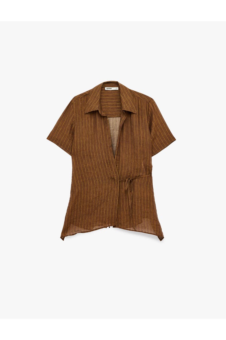 Relax Fit Short Sleeve Wrap Striped Shirt, Alternate, color, BROWN STRIPE