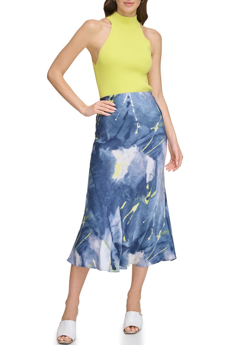 Printed Satin Midi Skirt, Alternate, color, FLUORO YELLOW/ INKY BLUE MULTI