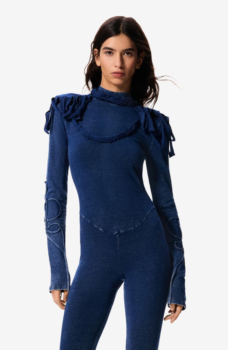 Desigual Texture Mock Neck Long Sleeve Jumpsuit, Alternate, color, Navy Blue