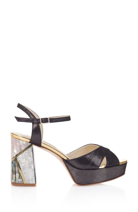 Zahra Noir Ankle Strap Pearl Heel Sandal