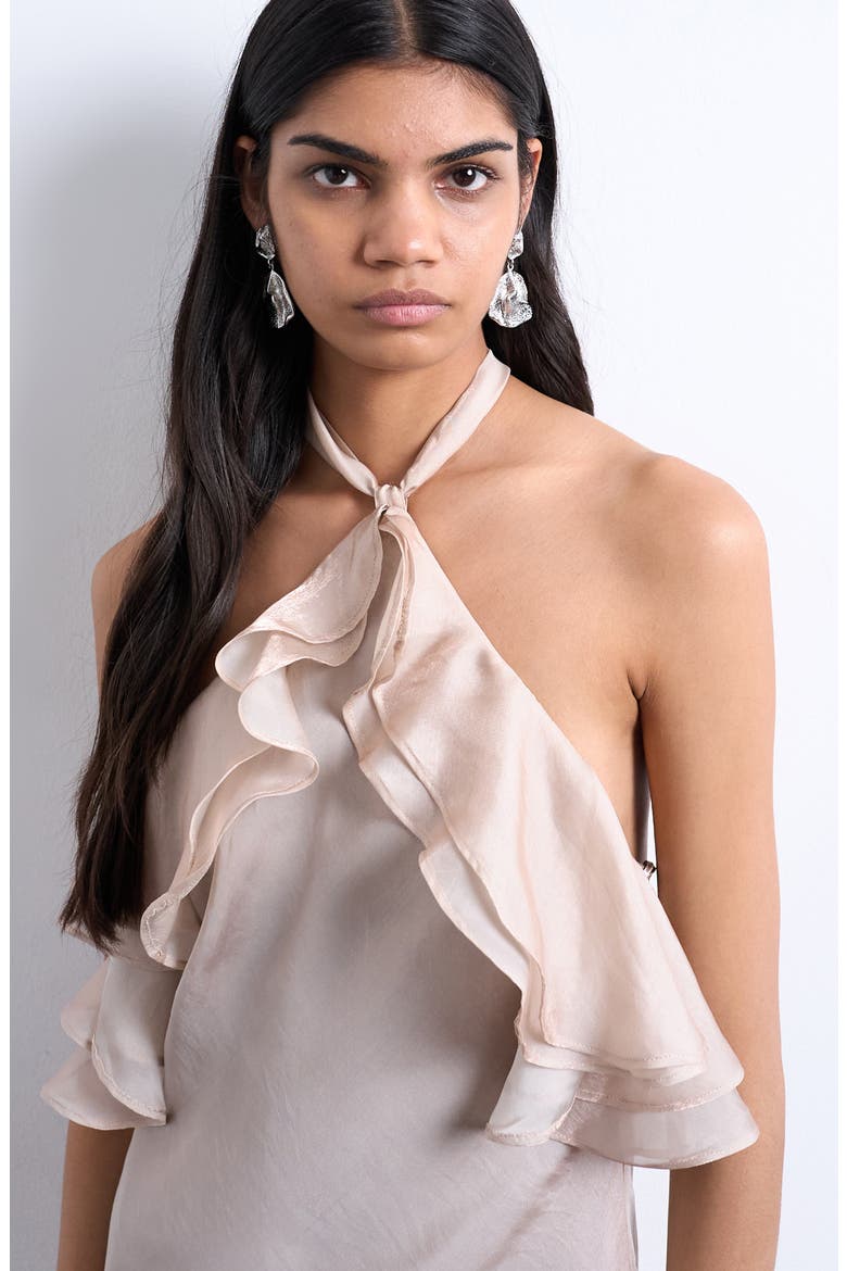 Ruffle Satin Halter Maxi Dress, Alternate, color, IRIDESCENT MINK