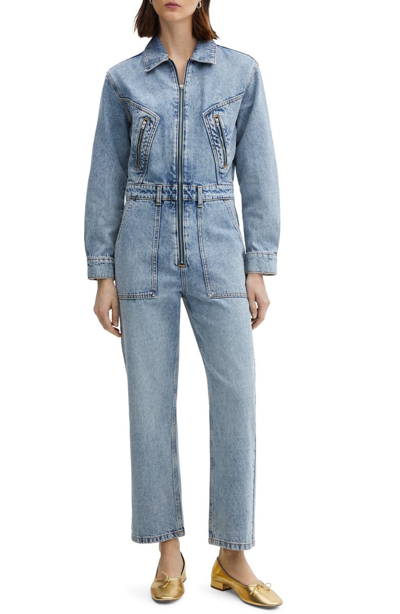 MANGO Long Sleeve Denim Jumpsuit, Main, color, 