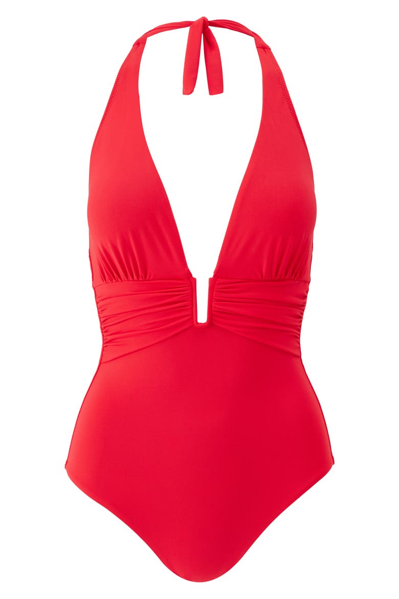 Balearic Ruched Halter One-Piece Swimsuit, Alternate, color, RED