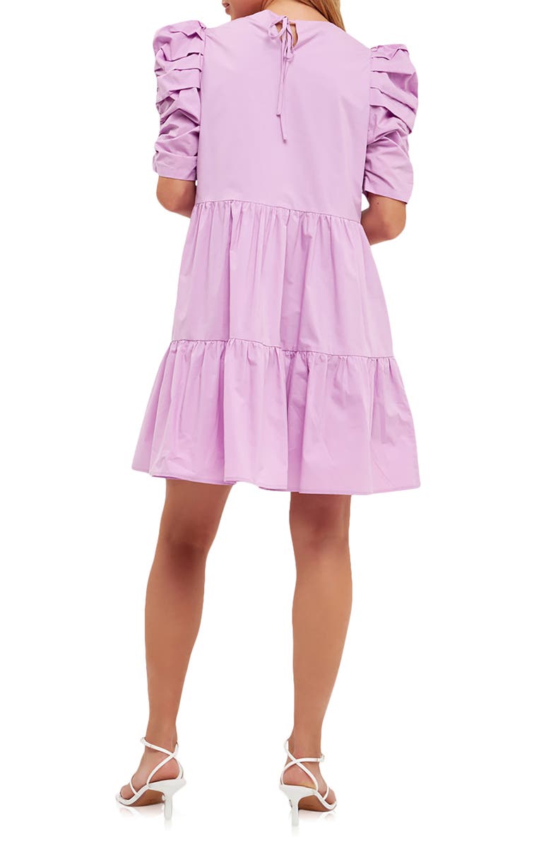 English Factory Pleated Puff Sleeve Tiered Cotton Minidress, Alternate, color, Lilac