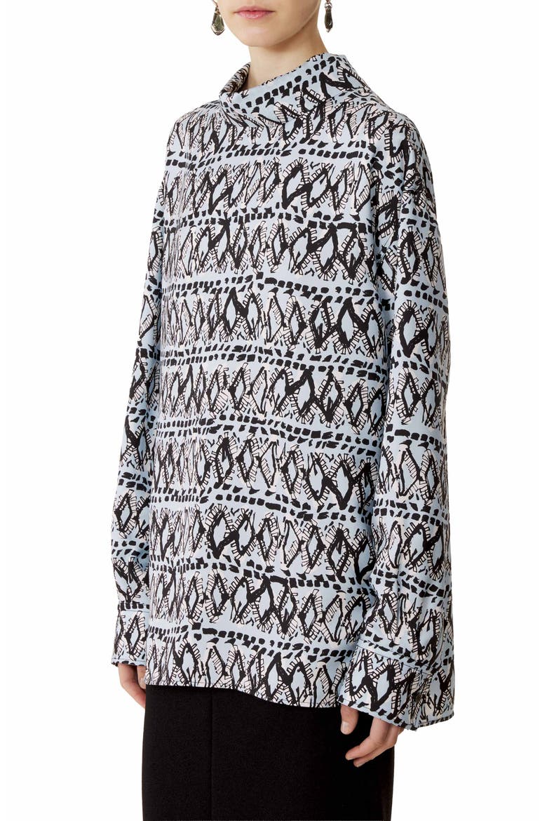 High-Neck Printed Silk Top, Alternate, color, Blue