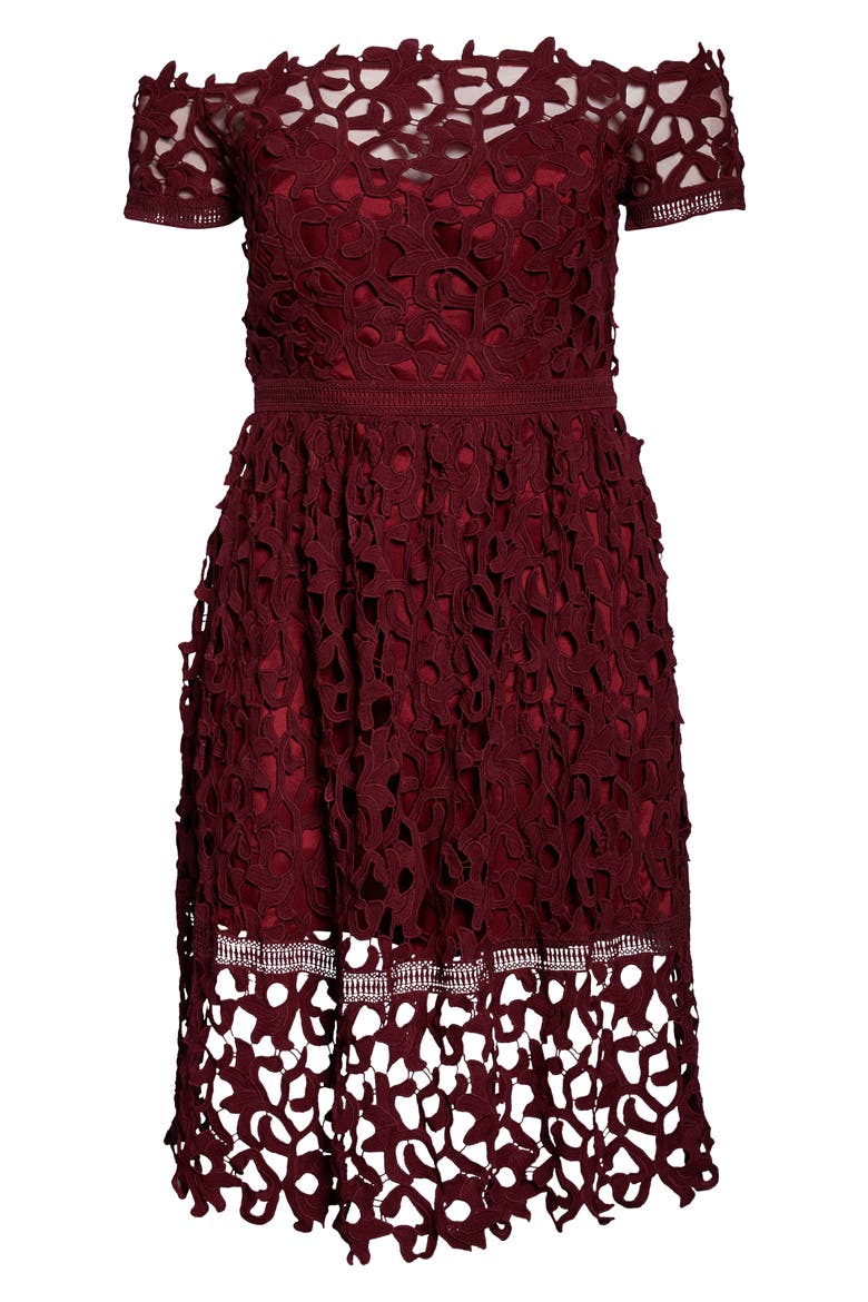 Curve Lizana Off the Shoulder Lace Cocktail Dress, Alternate, color, BURGUNDY