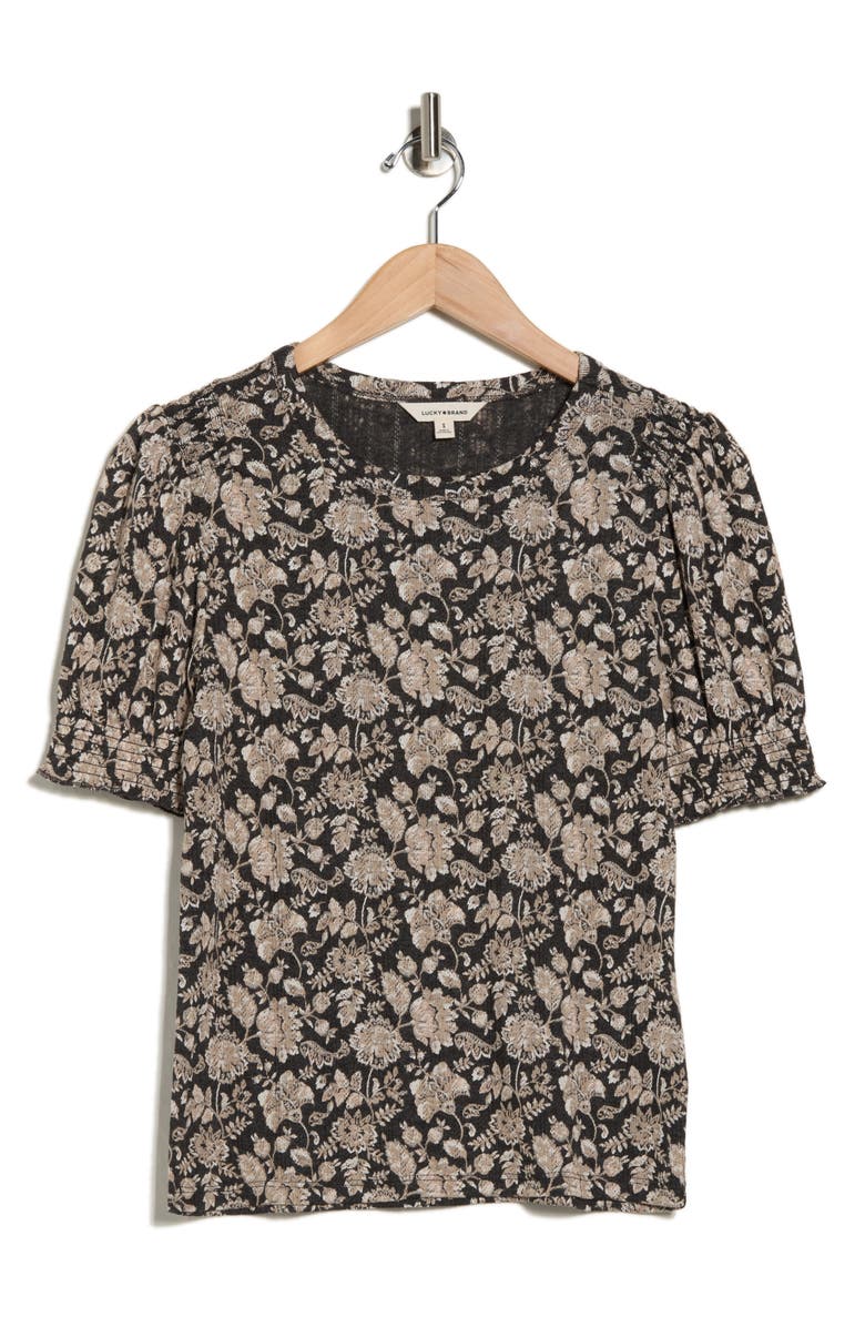 Lucky Brand Smocked Shoulder Pointelle Knit Top, Alternate, color, Black Floral