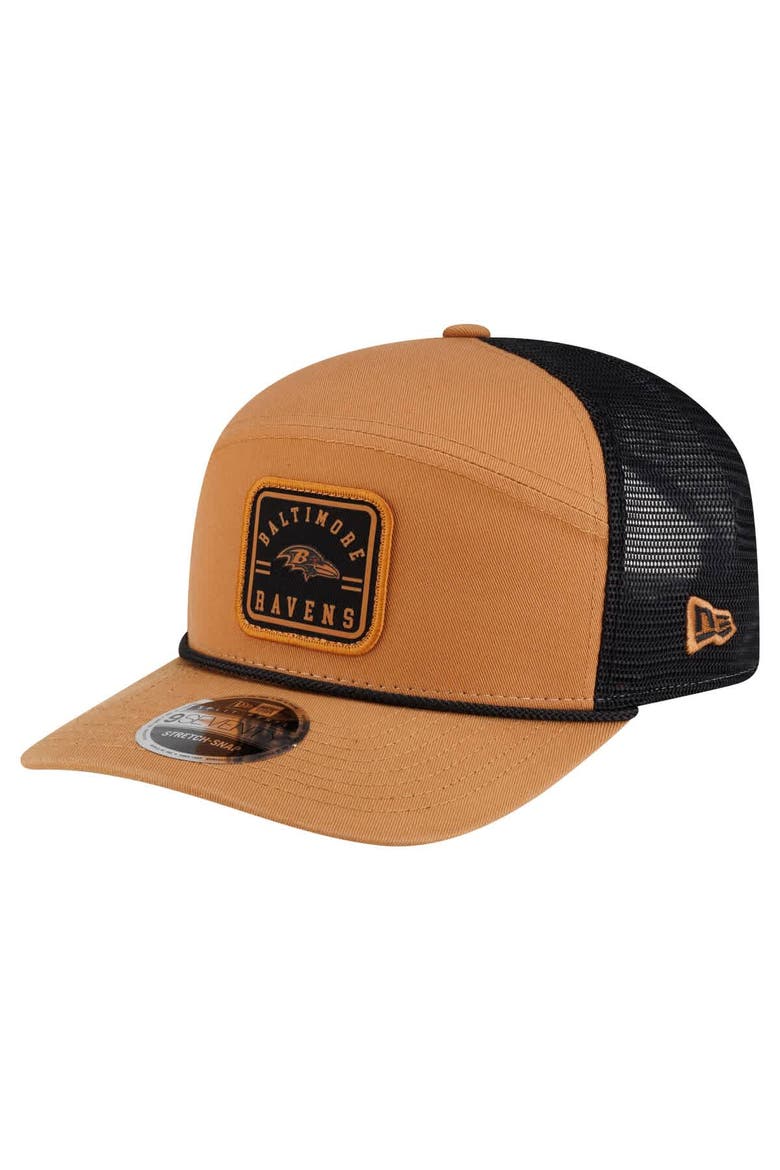 Men's New Era  Brown/Black Baltimore Ravens Team Patch Split Panel 9SEVENTY Adjustable Trucker Hat, Main, color, Brown