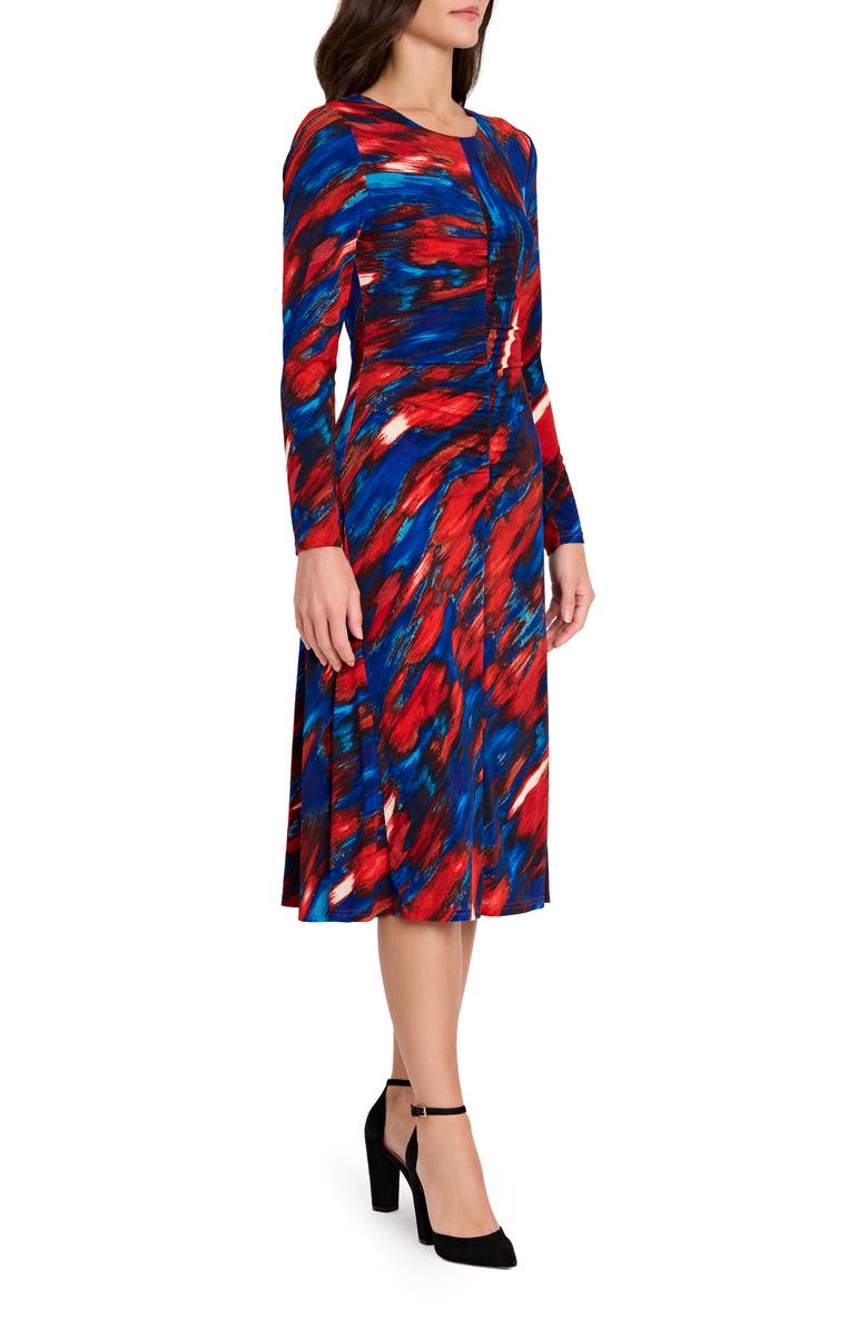 Tahari ASL Ruched Long Sleeve Dress, Alternate, color, Red Blue
